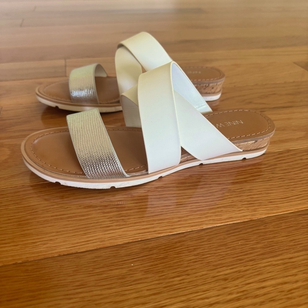 Nine West White and Silver Flat Sandals